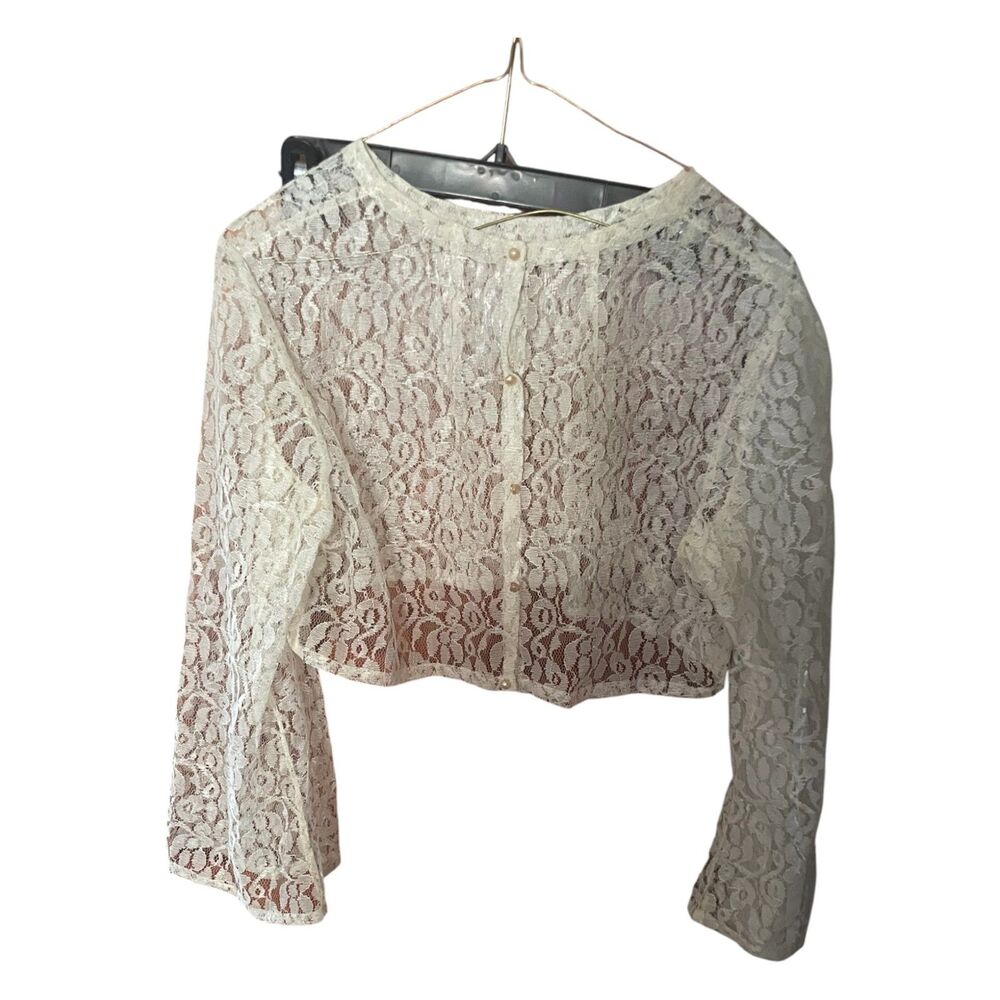 Vintage 80s/90s cropped bolero sheer ivory lace button up cardigan romantic XS/S